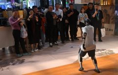 人们正在展览旁不雅机械人表演